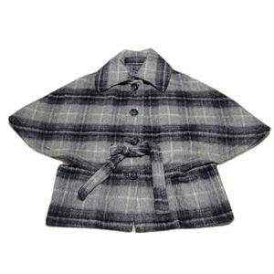 Talbots Grey Black Plaid Wool Blend Belted Pea Coat Size  S/M‎